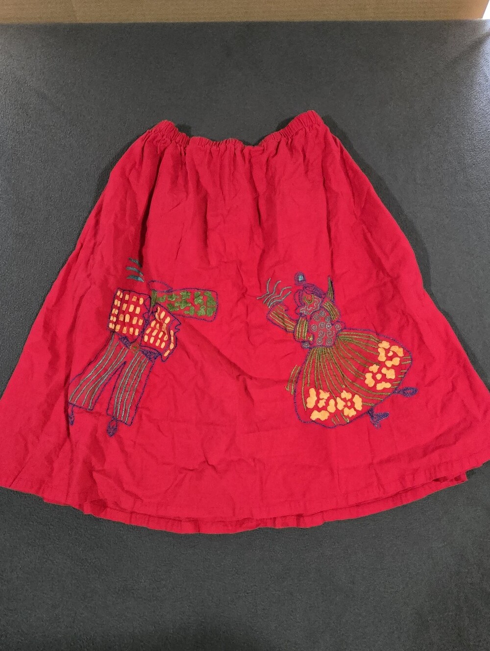 Red Unbranded Folk Art Style Figures Embroidered Midi Skirt Stretch Waist Cotton